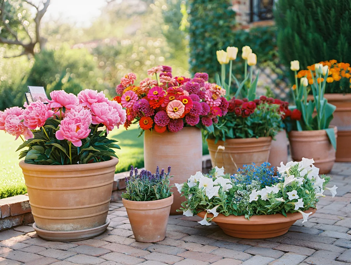 Beautiful garden blooms arranged in terracotta planters